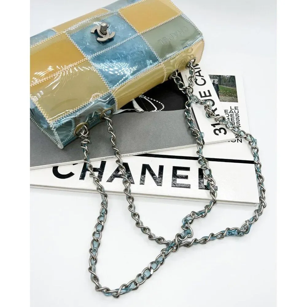 Rare Vintage CHANEL Blue and Beige PVC Stitched Patchwork CC Logo Should…